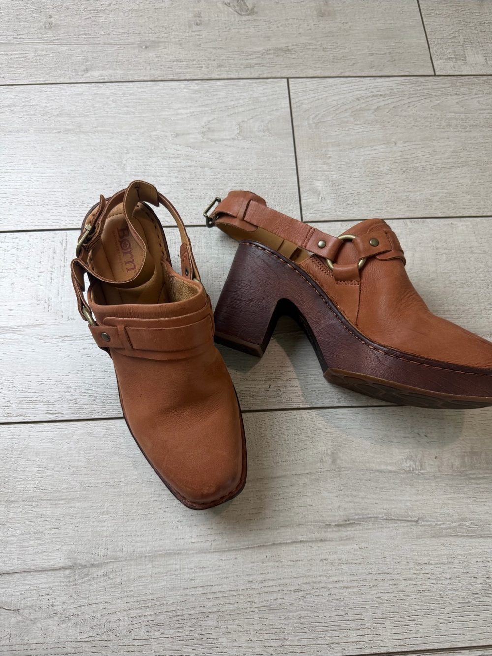Born Leather Slingback Clog Mules Women’s 9M Cognac Brown Platform Heels Comfort